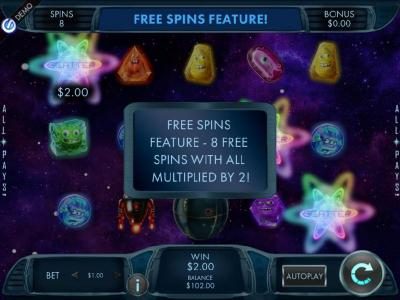 Three scatter symbols trigger 8 free spins.