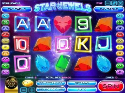 Main game board featuring five reels and 10 paylines with a $50,000 max payout. The game features a gemstone theme.