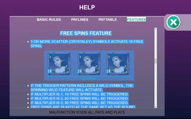 3 or more scattered Crystaley symbols activate 10 free spins.