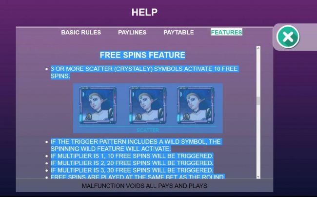 3 or more scattered Crystaley symbols activate 10 free spins.