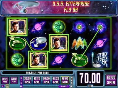 After U.S.S. Entrerprise fly by, three random symbols are changed into Dr. McCoy symbols triggering a 70 coin jackpot