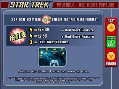 Red Alert Feature Paytable. 3 or more scattered feature symbols trigger the red alert feature.