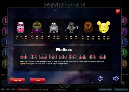 Slot game symbols paytable and payline diagrams