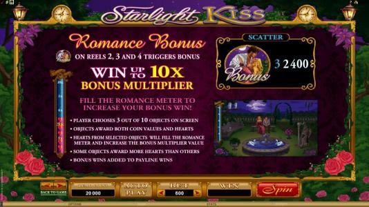 romance bonus symbol on reels 2, 3 and 4 triggers bonus with a chance to win u to 10x bonus multiplier