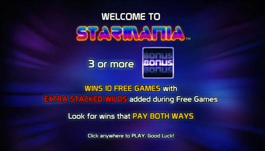 3 or more bonus symbols wins 10 free games with extra stacked wilds added during free games. Lokk for wins that pay both ways.