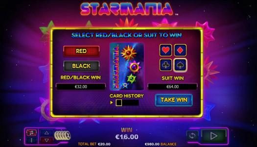 Gamble feature is available after each winning spin. Select color or suit to play.