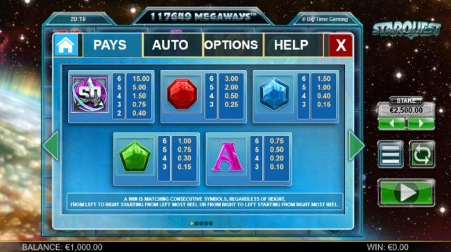 High value slot game symbols paytable. A win is matching consecutive symbols, regardless of height, from left to right starting from the leftmost reel or right to left starting from the rightmost reel.