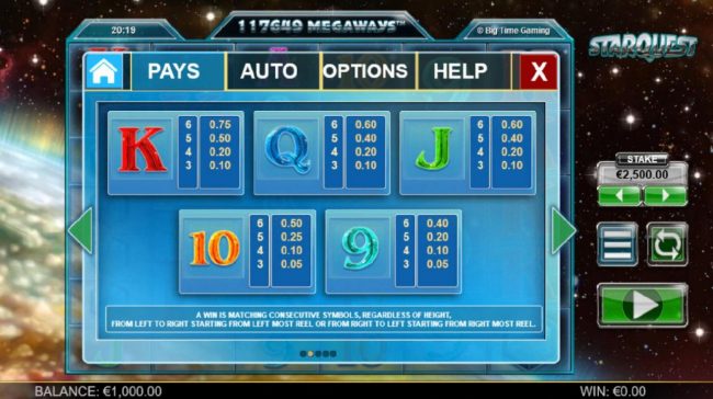 Low value slot game symbols paytable.