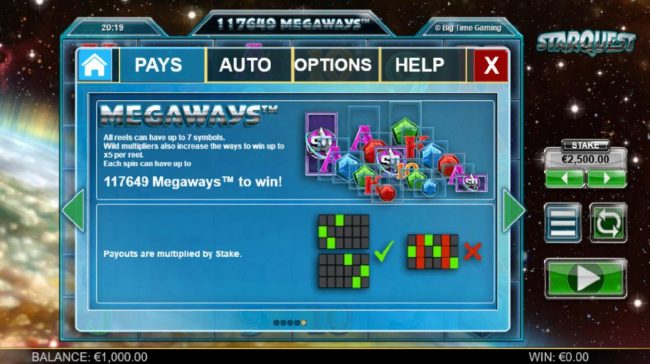 Megaways - All reels can have up to 7 symbols. Wild multipliers also increase the ways to win up x5 per reel. Each spin can have up to 117649 Megaways to win.