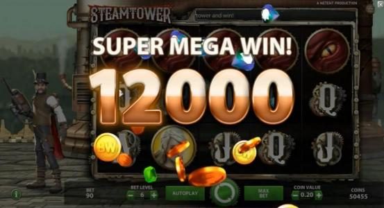 Five Dragon eye symbols triggers a 12,000 coin SUPER MEGA WIN!