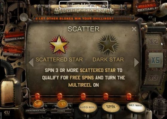 Scatter Symbol - Spin 3 or more scattered star to qualify for free spins and turn the multireel on.