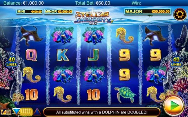 An ocean adventure themed main game board featuring five reels and 40 paylines with a progressive jackpot max payout.