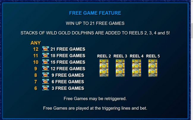 Free Game Feature Rules - 6 or more gold doplhin symbols triggers the free games feature.