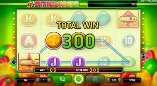 The Sticky Spin feature triggers two more winning paylines for an additional 105 coins added to your total payout.