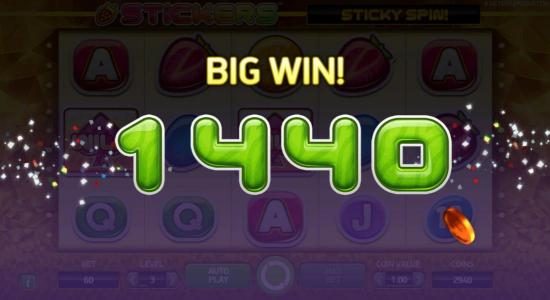 A big win triggered by strawberry five of a kind, 1,440 coins awarded for a big win.