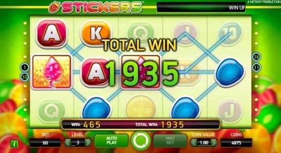 Another sticky spin triggers multiple winning paylines and an additional 465 coin payout