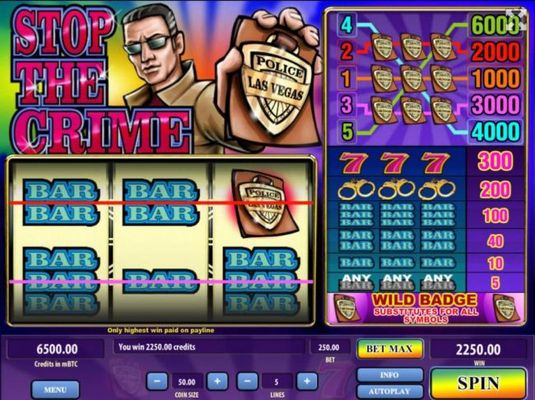 A pair of winning paylines triggers a 2250.00 huge jackpot win!