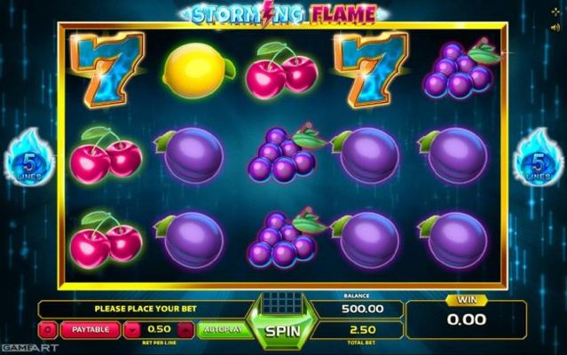 A fruit themed main game board featuring five reels and 5 paylines with a $2,500 max payout.