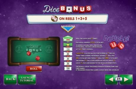 Dice Bonus is triggered by matching dice on reels 1, 3 and 5