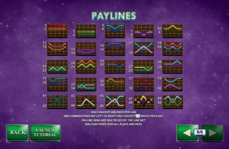Payline Diagrams 1-50. Only highest win pays per line. Win combinations pay left to right only except scatter which pays any. Payline wins are multiplied by the line bet.