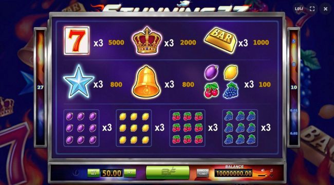 Slot game symbols paytable.