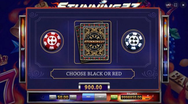 Gamble Feature Rules - The feature is available after each winning spin. Last win amount becomes your stake in the Gamble game. Your goal is to guess the color of the next card.