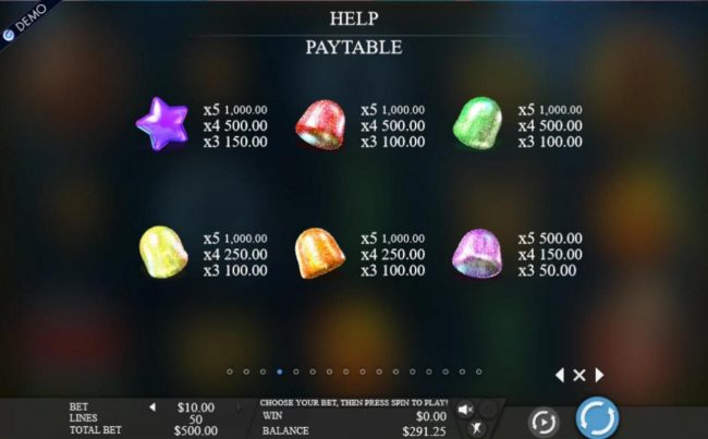 Low value game symbols paytable featuring candy themed icons.