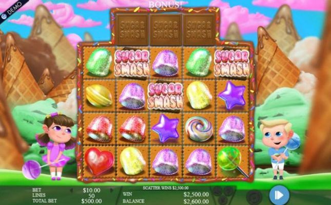 Three Sugar Smash scatter symbols triggers the free spins feature.