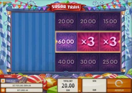 Sugar cash Bonus reels stopped on a 60.00 cash amount and two 3x multiliers.
