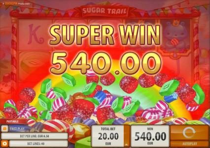 A 540.00 Super Win awarded by the Sugar cash Bonus feature.
