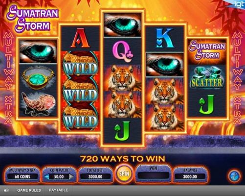 A jungle theme main game board featuring five reels and 720 winning combinations with a $250,000 max payout.