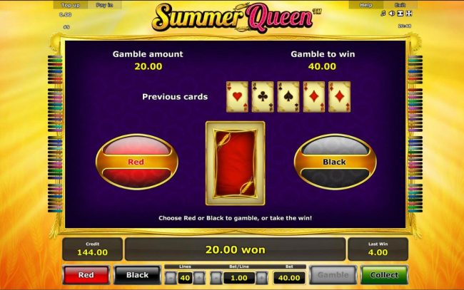 Gamble Feature - To gamble any win press Gamble then select Red or Black.