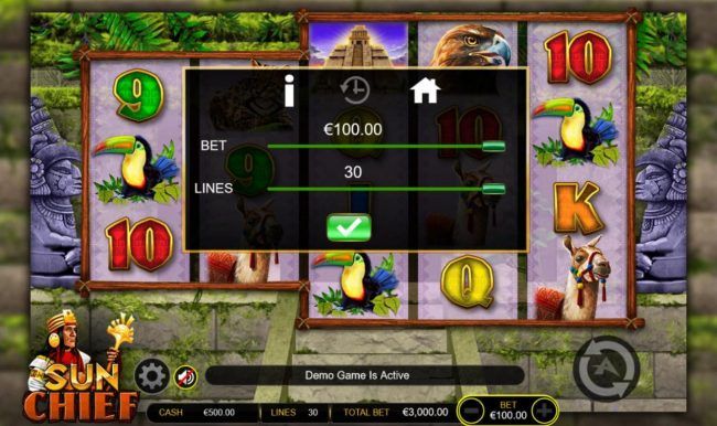 Click on the GEAR button to adjust the coin value played and lines played.
