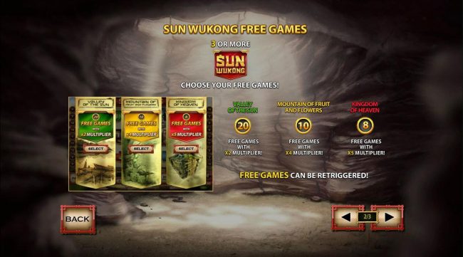 Three or more Sun Wukong logos triggers the Free Games feture - Choose from three different free games features to play.