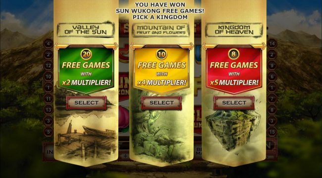 Choose 1 of 3 free games feature to play. 8, 10 or 20 free games  with a 5x, 4x or 2x multiplier.