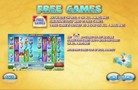 Free games symbol anywhere on reel 3 on all 4 machines simutaneously wins 15 free games