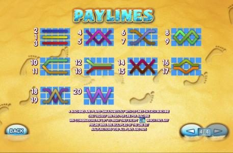Payline Diagrams 1-20 Line wins pay left to right except scatters which pays any.