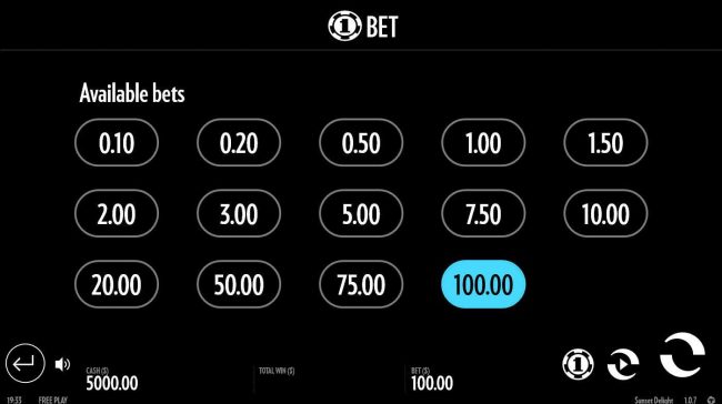 Available Bets - from 0.10 to 100.00