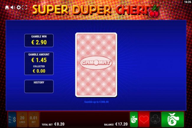 Gamble Feature - To gamble any win press Gamble then select Red or Black.