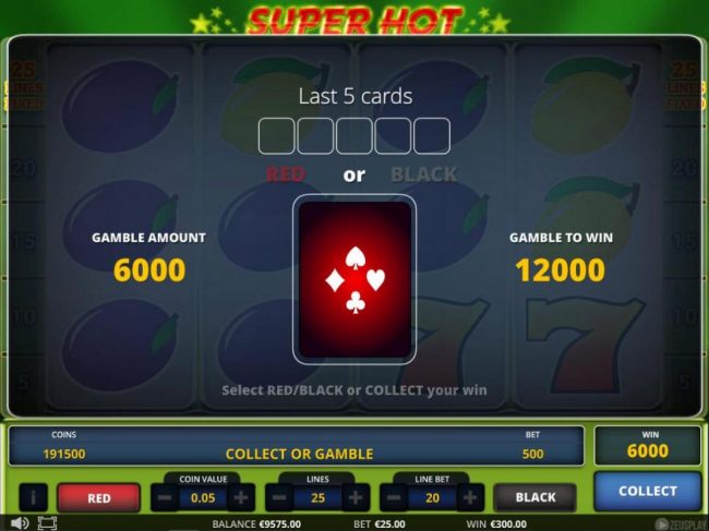 Gamble Feature - To gamble any win press Gamble then select Red or Black.