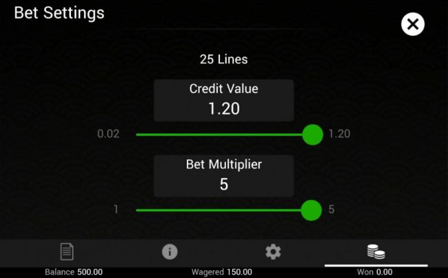 Click on the side menu button to adjust the coin value or bet multiplier.