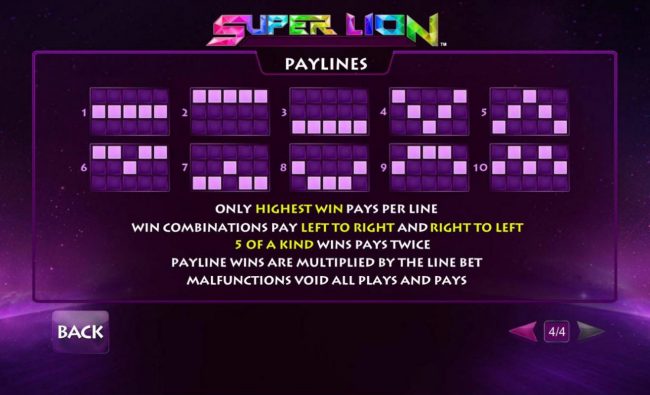 Payline Diagrams 1-20. Only highest win pays per line. Win combinations pay left to right and right to left. 5 of a kind pays twice.