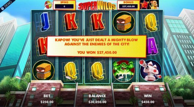 The Superwilds Free Spins bonus feature pays out a total of 27,450.00 for a mega win.