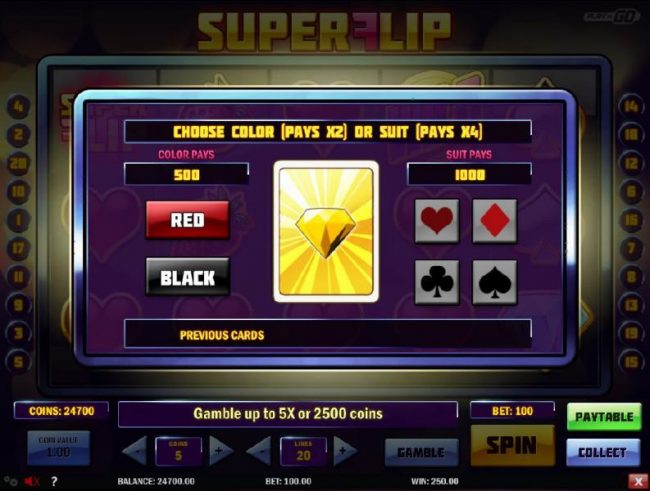 Gamble feature game board is available after every winning spin. For a chance to increase your winnings, select the correct color and/or suit of the next card or take win.