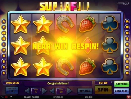 A near win respins is triggered by the gold star symbol stacked on reels 1 and 2.