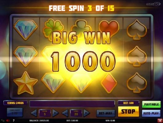 Diamond symbols combine to form multiple winning paylines and lead to a 1000 coin big win during the free spins feature.