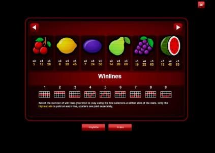 Slot game symbols paytable and payline diagrams