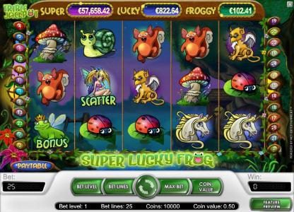 main game board featuring five, 25 paylines and 4 bonus  jackpots