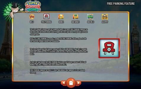 The Free Parking feature may be triggered when 1 or more Free Parking symbols appears on the reels and can either create a win, trigger the free spin bonus or possibly increase existing wins