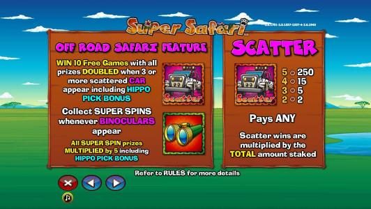 Off Road Safari Feature rules and scatter symbol paytable